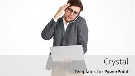  Presentation with eyeglasses - Beautiful PPT theme featuring portrait of a puzzled businessman in eyeglasses and a jacket holding laptop computer while standing and talking on mobile phone isolated over white background backdrop and a light gray colored foreground