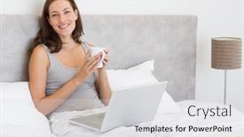  Presentation with social isolation - Presentation theme enhanced with portrait of a relaxed young woman using laptop in bed at home working from home in quarantine lockdown social distancing self isolation background and a light gray colored foreground