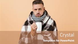  Presentation with hot tea - Colorful slide deck enhanced with portrait of a sad sick man wrapped in a blanket standing isolated over beige background holding cup with hot tea backdrop and a coral colored foreground