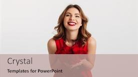  Presentation with roses - Cool new presentation with portrait of a satisfied young woman dressed in red dress holding bouquet of roses while standing and looking at camera isolated over white background backdrop and a coral colored foreground