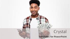  Presentation with mobile money - Beautiful PPT layouts featuring man dressed in plaid shirt backdrop and a light gray colored foreground