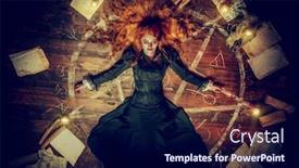  Presentation with scary - Colorful PPT theme enhanced with portrait-of-a-scary-witch backdrop and a navy blue colored foreground