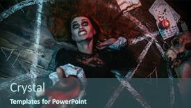  Presentation with force - Presentation theme having portrait-of-a-scary-witch background and a ocean colored foreground