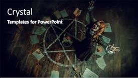  Presentation with scary - Beautiful PPT theme featuring portrait-of-a-scary-witch backdrop and a black colored foreground