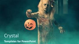  Presentation with scary movie - Slide set consisting of portrait of a scary zombie girl with a pumpkin toy halloween horror movie background and a ocean colored foreground