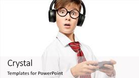  Presentation with family playing board game - PPT theme with computer game headphones gadgets education background and a white colored foreground