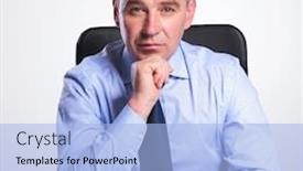  Presentation with bussines - Presentation consisting of portrait of a senior bussines man sitting at his desk and looking at the camera with his hand on his chin on gray background background and a light blue colored foreground