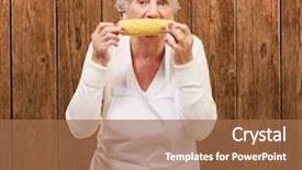  Presentation with corn cob - Presentation theme having portrait of a senior cook woman eating a corn cob over a wooden wall background and a coral colored foreground
