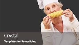  Presentation with corn cob - PPT layouts consisting of portrait of a senior cook woman eating a corn cob over a black background background and a dark gray colored foreground