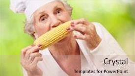  Presentation with corn cob - Slides featuring portrait of a senior cook woman eating a corn cob against a nature background background and a coral colored foreground