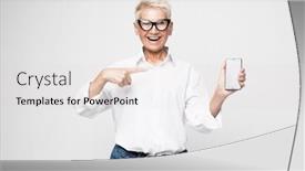  Presentation with mobile application - Beautiful presentation theme featuring portrait-of-a-senior-elder backdrop and a light gray colored foreground