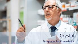  Presentation with pharmacist - Presentation design consisting of portrait-of-a-senior-pharmacist background and a sky blue colored foreground