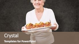 Presentation with muffin - Audience pleasing PPT layouts consisting of portrait of a senior woman showing a chocolate muffin tray against a grunge wall backdrop and a violet colored foreground