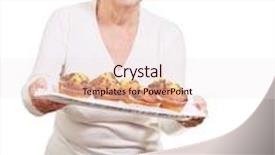  Presentation with muffin - PPT theme consisting of portrait of a senior woman showing a chocolate muffin tray over a white background background and a sky blue colored foreground