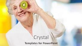  Presentation with kiwi - Cool new PPT theme with portrait of a senior woman holding a kiwi in front of her eye indoor backdrop and a white colored foreground