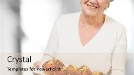  Presentation with muffins - PPT layouts featuring portrait of a senior woman showing homemade muffins indoor background and a lemonade colored foreground