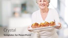  Presentation with muffin - Slide deck with portrait of a senior woman showing a chocolate muffin tray indoor background and a lemonade colored foreground