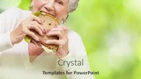  Presentation with sandwich - PPT theme enhanced with portrait of a senior woman eating a vegetable sandwich against a nature background background and a soft green colored foreground