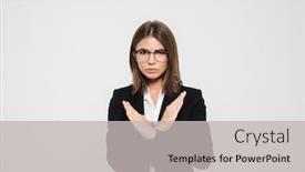  Presentation with globe hands cross - Theme with portrait of a serious confident businesswoman in eyeglasses and suit showing hands crossed gesture isolated over white background background and a light gray colored foreground