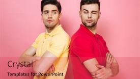  Presentation with gay - Slide deck featuring portrait of a serious gay couple standing together with arms folded isolated over pink background background and a red colored foreground