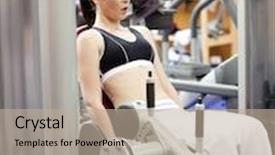  Presentation with robotic leg - Audience pleasing presentation consisting of portrait of a serious woman using a leg press in a sport centre backdrop and a mint green colored foreground