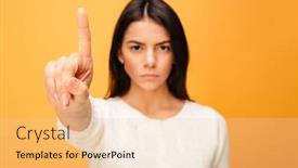  Presentation with weight loss woman showing - Beautiful theme featuring portrait of a serious young woman showing stop gesture with a finger isolated over yellow background backdrop and a lemonade colored foreground