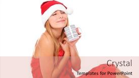  Presentation with sexy santa woman red - Theme enhanced with portrait of a sexy woman in santa's hat wrapped in a red blanket and holding a mug of hot drink over white background background and a coral colored foreground