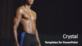  Presentation with athlete - Beautiful PPT theme featuring portrait of a shirtless confident young athlete standing against black background backdrop and a dark gray colored foreground