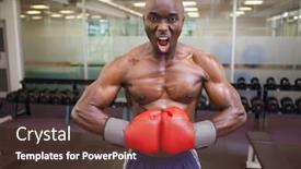  Presentation with flexing - Presentation enhanced with portrait of a shirtless muscular boxer flexing muscles in health club background and a tawny brown colored foreground