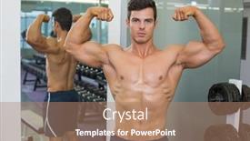  Presentation with flexing - Presentation theme featuring portrait of a shirtless muscular man flexing muscles in gym background and a coral colored foreground