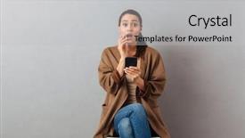  Presentation with mobile phone in woman hand - Cool new PPT theme with portrait of a shocked casual backdrop and a light gray colored foreground
