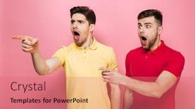  Presentation with gay - Slide set enhanced with portrait of a shocked gay couple standing and pointing fingers away isolated over pink background background and a coral colored foreground
