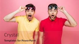 Presentation with gay - Slide deck having portrait of a shocked gay male couple in sunglasses posing while standing together isolated over pink background background and a red colored foreground