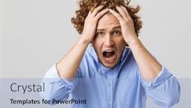  Presentation with gray - Presentation theme consisting of portrait of a shocked young man wearing shirt standing isolated over gray background screaming background and a light blue colored foreground
