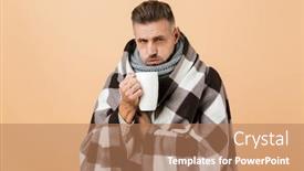 Presentation with hot tea - Slides enhanced with portrait of a sick man wrapped in a blanket standing isolated over beige background holding cup with hot tea background and a coral colored foreground