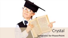  Presentation with academic - Colorful presentation enhanced with portrait of a smart schoolboy in a suit and academic hat standing with opened book education isolated over white backdrop and a lemonade colored foreground