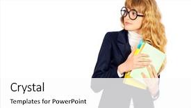  Presentation with educational - Slide set consisting of portrait of a smart student girl in big glasses holding books educational concept isolated over white background and a white colored foreground