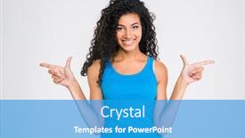  Presentation with fingers - Slides consisting of portrait of a smiling african woman pointing fingers away isolated on a white background background and a teal colored foreground