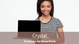 Presentation with laptop blank screen - PPT layouts having portrait of a smiling african woman showing blank screen laptop isolated over white background background and a violet colored foreground