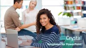  Presentation with classmates - PPT layouts enhanced with a smiling afro american background and a ocean colored foreground