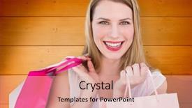  Presentation with shopping - Theme consisting of portrait of a smiling blonde woman holding shopping bags against wooden planks background background and a coral colored foreground