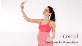  Presentation with pregnant woman in hospital - Slide set with portrait of a smiling brunette pregnant woman in sport wear taking selfie isolated on white background background and a lemonade colored foreground