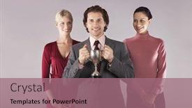  Presentation with trophy - Presentation design featuring portrait of a smiling businessman holding trophy with female colleagues against purple background background and a coral colored foreground