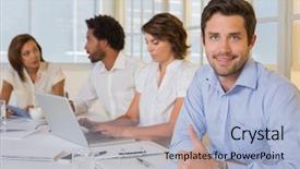  Presentation with meeting - Amazing PPT layouts having positive mixed race coworkers work - portrait of a smiling businessman backdrop and a light blue colored foreground