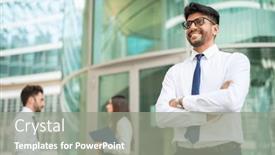  Presentation with front office - Slide set featuring portrait-of-a-smiling-businessman background and a  colored foreground