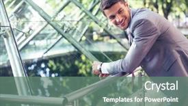  Presentation with looking glass - Colorful presentation design enhanced with portrait of a smiling businessman standing outdoors near glass building and looking away backdrop and a gray colored foreground