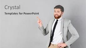  Presentation with space suit - PPT theme having portrait of a smiling businessman dressed in suit standing and pointing finger away at copy space isolated over gray background background and a light gray colored foreground