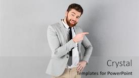  Presentation with space suit - Slide set having portrait of a smiling businessman dressed in suit standing and pointing finger away at copy space isolated over gray background background and a light gray colored foreground