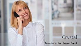  Presentation with phone meeting - Slide deck with portrait-of-a-smiling-businesswoman background and a light gray colored foreground