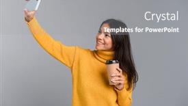  Presentation with takeaway coffee - Theme enhanced with portrait of a smiling casual young woman isolated over gray background holding takeaway coffee taking a selfie with mobile phone background and a gray colored foreground